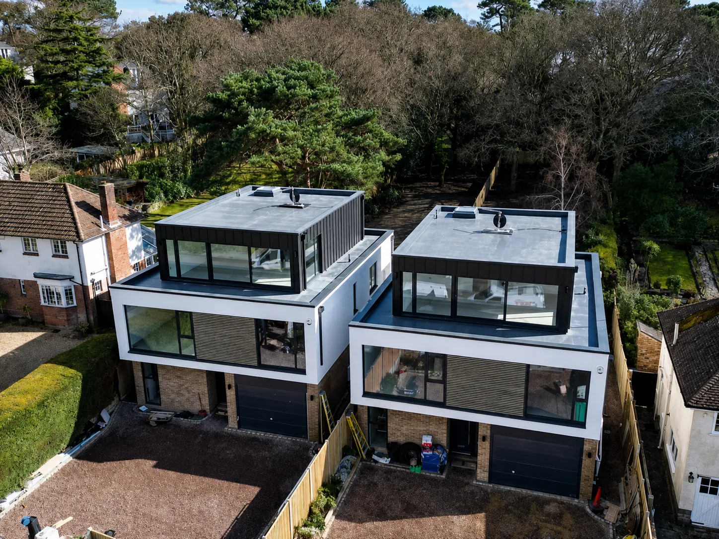 Aerial drone view of flat roofs