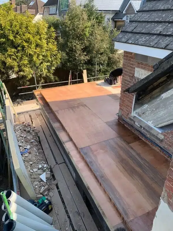Hardwood ply deck laid ready for the single ply membrane